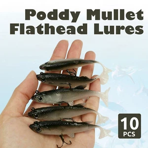 10PCS Soft Plastic Vibe Lures Poddy Mullet Flathead Jig Heads Barra Cod Fishing - Picture 1 of 6