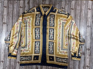 SETA PER UOMO 100% Seide Barock Geometrisches Muster Hemd Gold Blau Multi Vintage - Bild 1 von 5