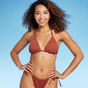 Bikini top Shade & Shore triangolo a costine coppe rimovibili marrone medio NUOVO - Foto 1 di 1