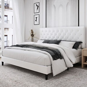 Homfa Faux Leather Upholstered Platform Bed, W/ Diamond Button Tufted Headboard