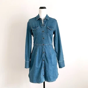 FREE PEOPLE denim snap button fitted sleeve denim mini dress sz S - Picture 1 of 12