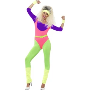 Costume donna anni 80 sport 80 allenamento tuta neon jumpsuit colorato aerobico outfit - Foto 1 di 12