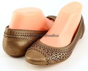 $258 AERIN BERNORD Dark Gold Tumbled Perforated Leather Designer Ballet Flats 8 - Picture 1 of 4