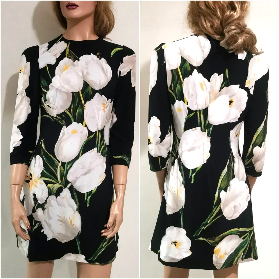 🆓US🛃 Dolce&Gabbana white tulips printed cady black dress IT 42 - Image 1 of 4