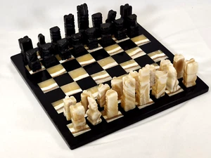 Aztec Mexican Chess Set Carved Marble Stone Black and White Beige Vintage 13.5" - Picture 1 of 18