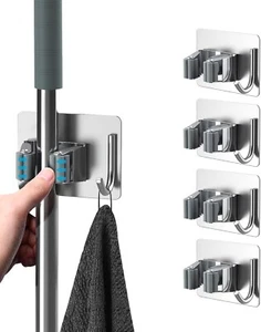 Homeasy Mop Broom Holder, 2 Pcs Stainless Steel Self Adhesive Mop Holder Wall - Picture 1 of 5