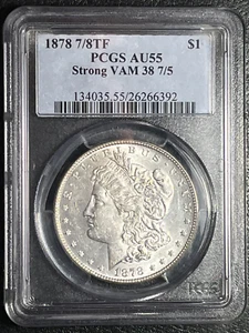Dólar de plata Morgan 1878 7/8TF GRADUACIÓN PROFESIONAL AU 55 fuerte VAM 38 7/5, EXTREMADAMENTE RARO. - Imagen 1 de 2