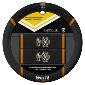 84050 WESTS TIGERS NRL CAR STEERING WHEEL COVER & SEAT BELT COMFORTS PADS - Picture 1 of 1