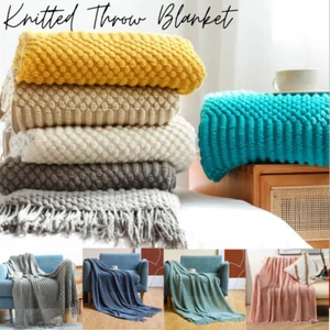 Knitted Throw Blanket Rug Sofa Bed Couch Winter Fringe Soft Acrylic Blankets - Picture 1 of 25