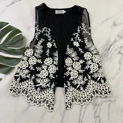 Rialto Womens Vintage 80s Embroidered Vest Size XS Black White Floral Sheer - Image 1 of 4