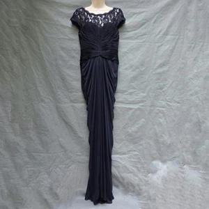 Adrianna Papell Navy Blue Lace Yoke Drape Gown Dress Floor Length Sz 6 Formal - Picture 1 of 6