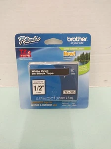 Original Brother TZe335, 12mm 1/2", Impresión Blanca en Cinta Negra P-touch Sellado Nuevo - Imagen 1 de 6