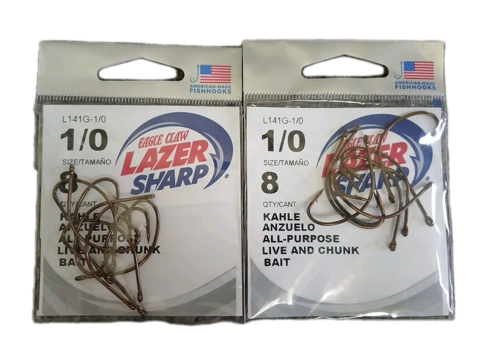 2 Packs Eagle Claw L141G-1/0 8ct Lazer Sharp Kahle Anzuelo All-purpose Bait Hook - Image 1 of 2