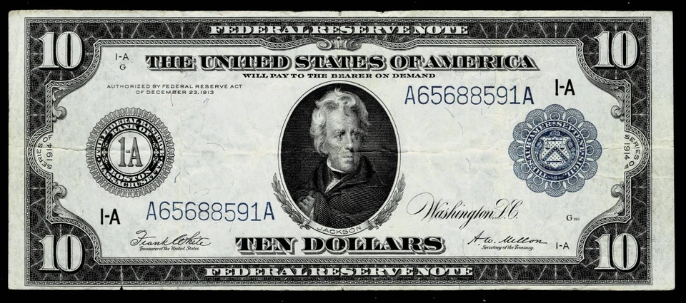 1914 $10 Federal Reserve Large Size Note ~BOSTON~VERY FINE - Image 1 of 2