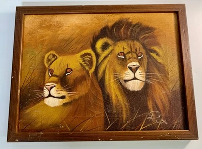 Pintura al óleo vintage de león y tigre firmada por Rex, lienzo enmarcado 17x13 Foto 1 de 4