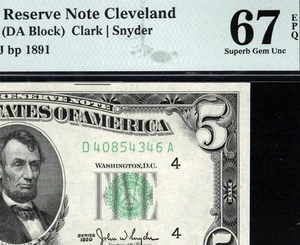 1950 $5 Cleveland Federal Reserve Note FRN • 1961-D • PMG 67 EPQ • POP 5/2 - Picture 1 of 3