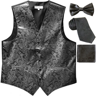 New Men's Paisley Tuxedo Vest Waistcoat & necktie & Bow tie & Hankie dark gray - Image 1 of 4