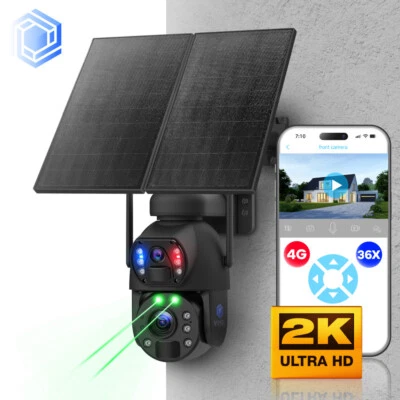 Wireless Security Camera 4G Two Lens 360 2K Solar Panel 24/7 Recording 36X Zoom - Image 1 of 4