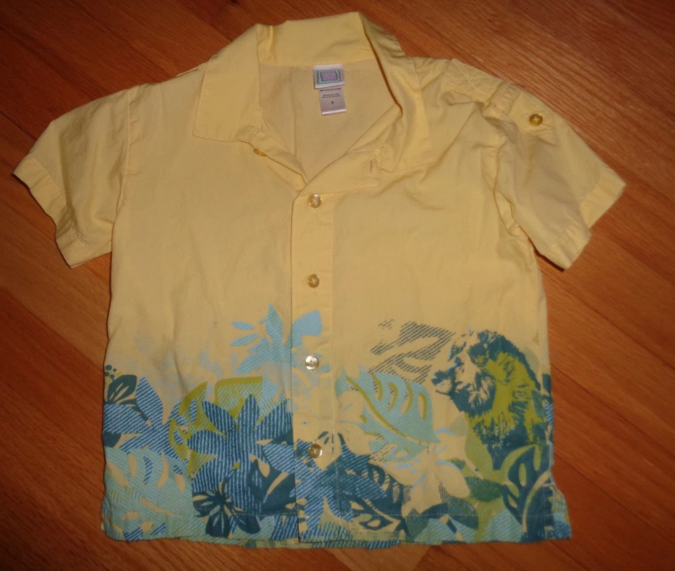 Hawaiian Shirt Boy Size 5 Yellow Green Blue Surfer Tropical Palm trees - Image 1 of 2
