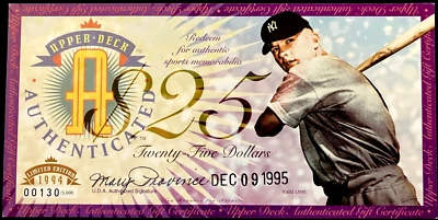 Certificado de regalo de $25 de la cubierta superior de edición limitada 1994 con Mickey Mantle Foto 1 de 2