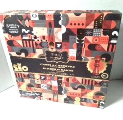 FAO Schwarz Chess Checkers Tic Tac Toe Board Game 3 In 1 Wood Board & Pieces - Image 1 of 4