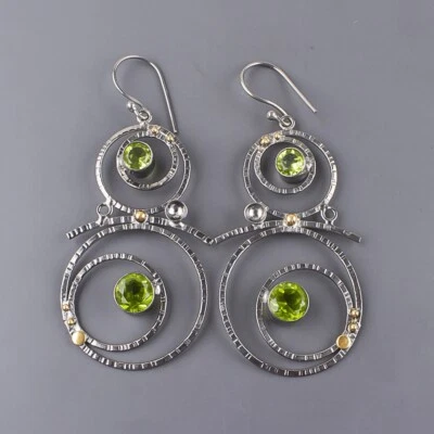 Round Peridot Dangle Drop August Birthstone Daughter Earrings Jewelry 925 Silver - Image 1 of 4