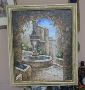 Pintura al óleo sobre lienzo vintage 19"x24" firmada enmarcada villa griega fuente de agua - Imagen 1 de 11
