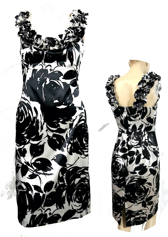 White House Black Market Ruffle Strap Abstract Satin Wiggle Cocktail Dress sz 6 - Image 1 of 4