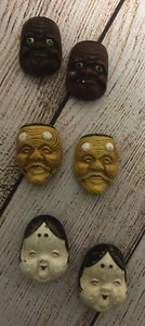 “NOH” Japanese Mask 3 Pairs Antique Button Charms - Picture 1 of 13