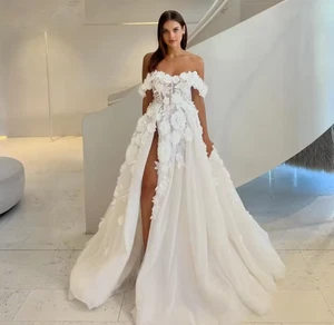 Charming Off the Shoulder Wedding Dresses for Women 3D Flowers Engagement Bridal - Picture 1 of 10