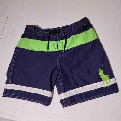 Vtg Ralph Lauren Blue NEON Swim Trunks Big Polo PONYBoard Shorts L - Imperfect - Image 1 of 4