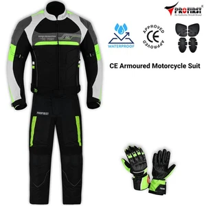 Textile Motorcycle Jacket and Trousers Motorbike Suit Set with Leather Gloves UK - Picture 1 of 16