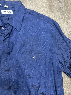 VTG Y2K Bugatchi Uomo Button Down L/s Shirt Blue Satin Geometric 90s Pocket - Image 1 of 4