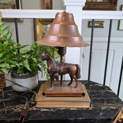 Vintage Equestrian Copper Horse Lamp Shade & Base Western Rustic Farmhouse — 第 1/4 张图片
