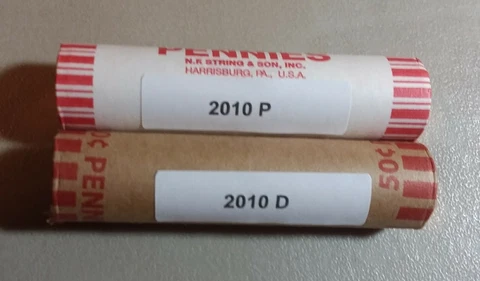 2010-P & 2010-D LINCOLN CENT ROLLS IN ORIGINAL BANK WRAP 100 Coins 2 Rolls 1 Bid Cover