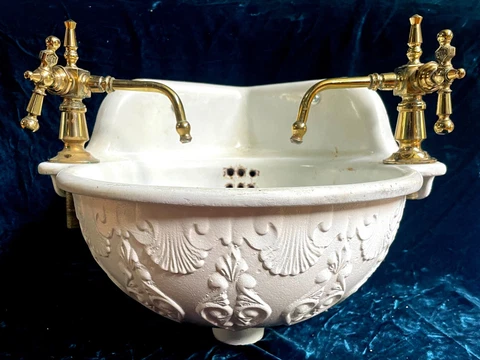 Superb circa 1885 Antique Victorian Embossed Cast Iron Corner Sink & Faucets Cover
