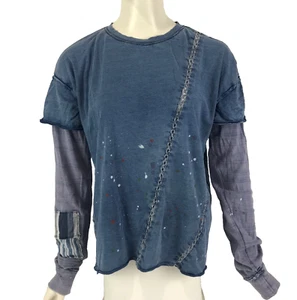 We The Free Top Blue Size Small 8 10 Distressed Long Sleeve Paint Splatter Patch - Picture 1 of 16