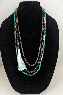 Collar largo verde azulado oro borla cuentas capas cadena cóctel occidental multi Foto 1 de 4