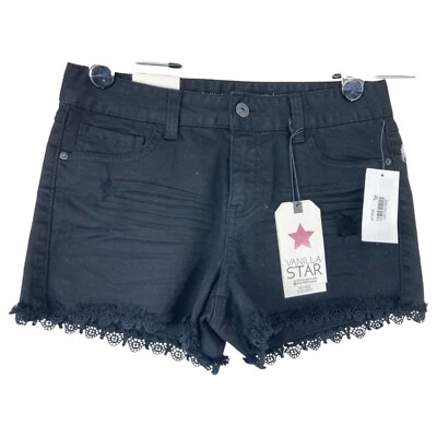 Vanilla Black Denim Distressed Crochet Lace Trim Jean Shorts Womens 5  Mid Rise - Image 1 of 4