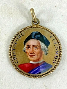 Antique Italian Enamel Pendant - C. Colobomo - Gold - Christopher Columbus - Picture 1 of 2