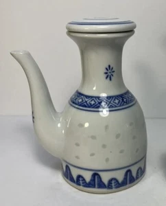 Chinese Rice Eye Blue White Porcelain Soy Sauce Decanter Bottle w/ Lid Cover - Picture 1 of 11