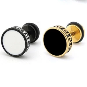 2Pcs Black Silver Men's Barbell Punk Crystal Stainless Steel Ear Studs Earrings - Picture 1 of 4