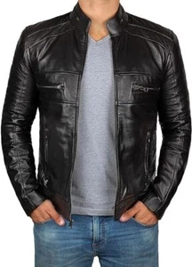 Schwarze Lederjacke Herren - Cafe Racer Echt Lammleder Used Jacket - Bild 1 von 5