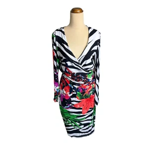 Joseph Ribkoff Dress US10 Zebra Floral Ruched Long Sleeve Bodycon Midi - Picture 1 of 11