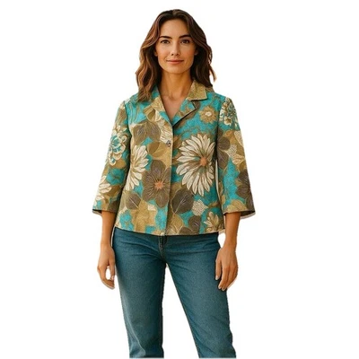 Chico's Women’s Blazer Sz 1 Floral Brown And Teal Jacket Cruise US M Size 8 - Image 1 of 4