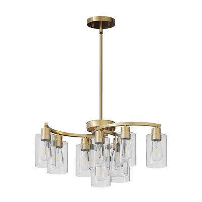 30" Chandelier Gold Pendant 9 Light Clear Glass Shade Metal Hanging Lamp Fixture - Image 1 of 4