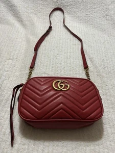 GUCCI GG Marmont Small Chain Shoulder Bag Red Matelasse Chevron Leather 447632 - Picture 1 of 11