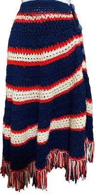 Vintage Crochet Skirt Handmade Afghan Style Chunky High Slit Asymmetrical Fringe - Image 1 of 4