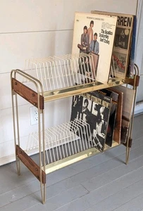 Draht Metall Vinyl LP Schallplatte Album Aufbewahrung Regal Ständer Teak Holz Gold MCM Vintage Retro - Bild 1 von 19