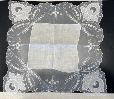 Hermoso Pañuelo Novia Boda Encaje Pandereta Lino Vintage 14x14" Foto 1 de 4